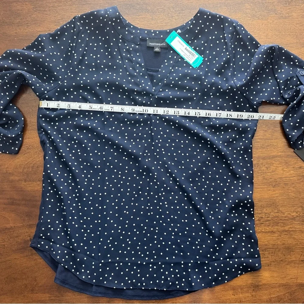 Navy/Polka Dot Fortune + Ivy 3/4 sleeve Blouse Size M - Picture 3 of 5